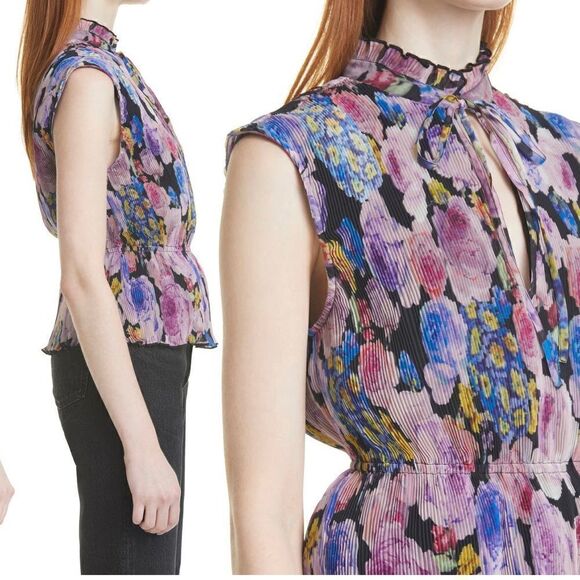 GANNI Pleated Georgette Neck Tie Blouse Top in Multicolor - Picture 5 of 10